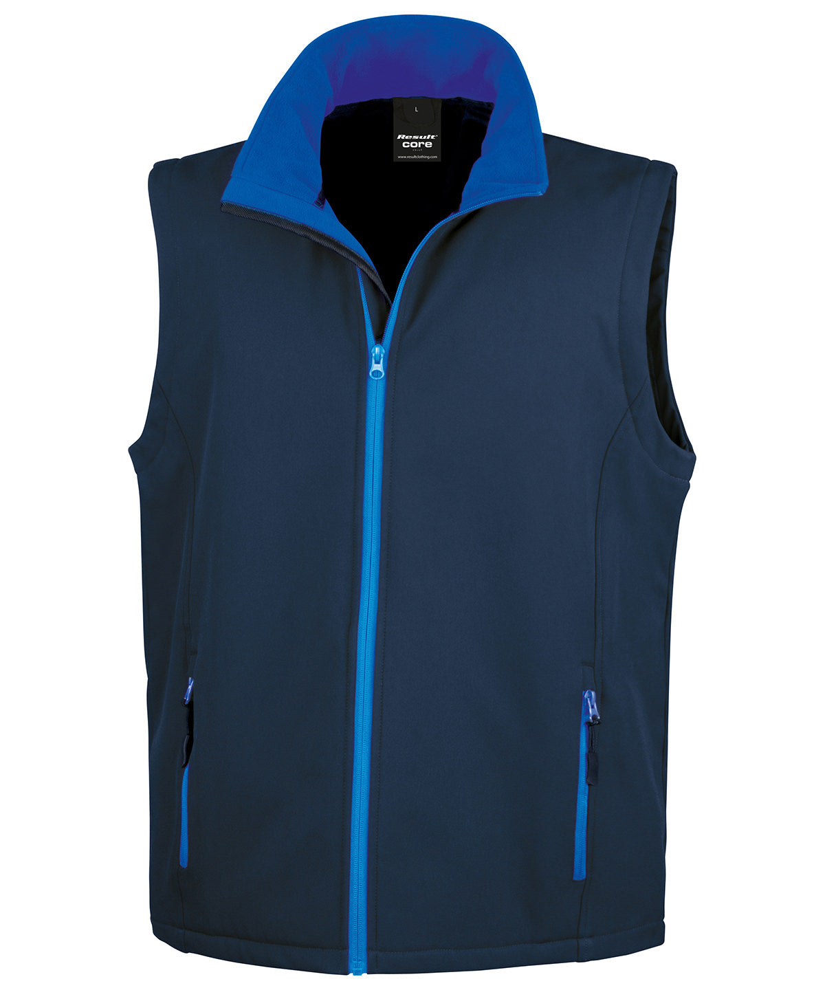 Printable softshell bodywarmer with customizable design options in multiple colors and sizes