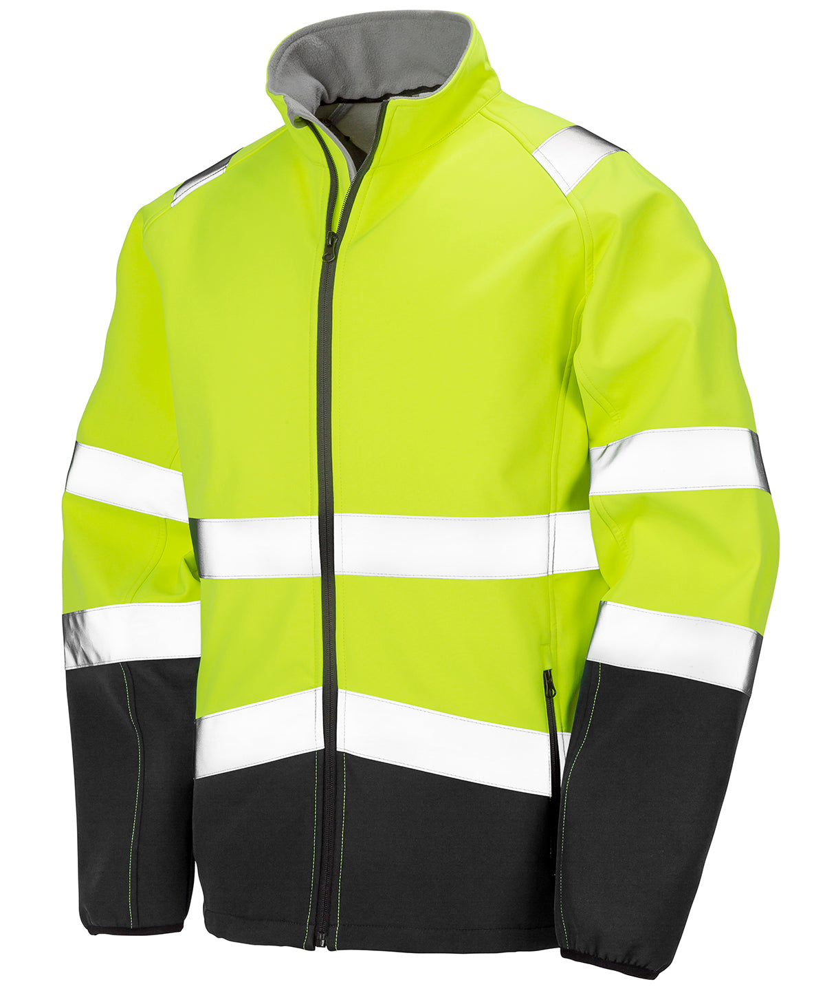 Printable safety softshell jacket with high visibility colors and customizable design options
