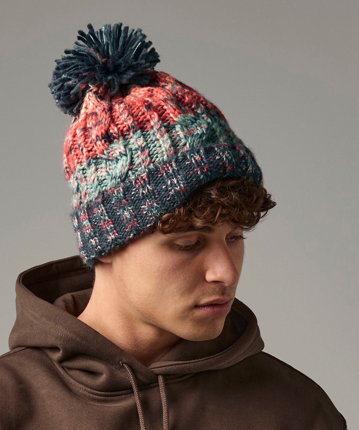 Corkscrew Pom Pom Beanie - One Size Winter Hat with Stylish Knit Design