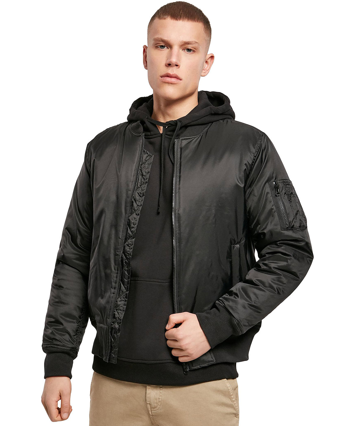 Bomber jacket available in multiple sizes and colors with classic design and durable fabric