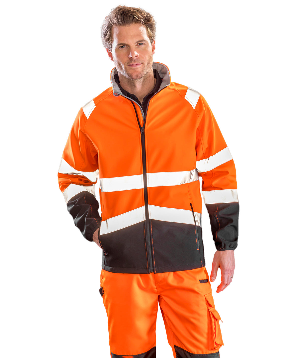 Printable safety softshell jacket with high visibility colors and customizable design options